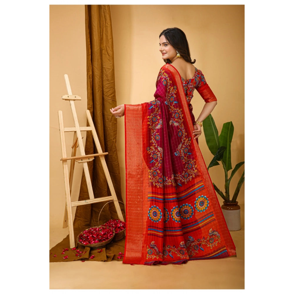 Snuggle Spot Women's Soft Dola Cotton Kalamkari Printed Saree With Unstitched Blouse 5.5Mtr (Maroon)