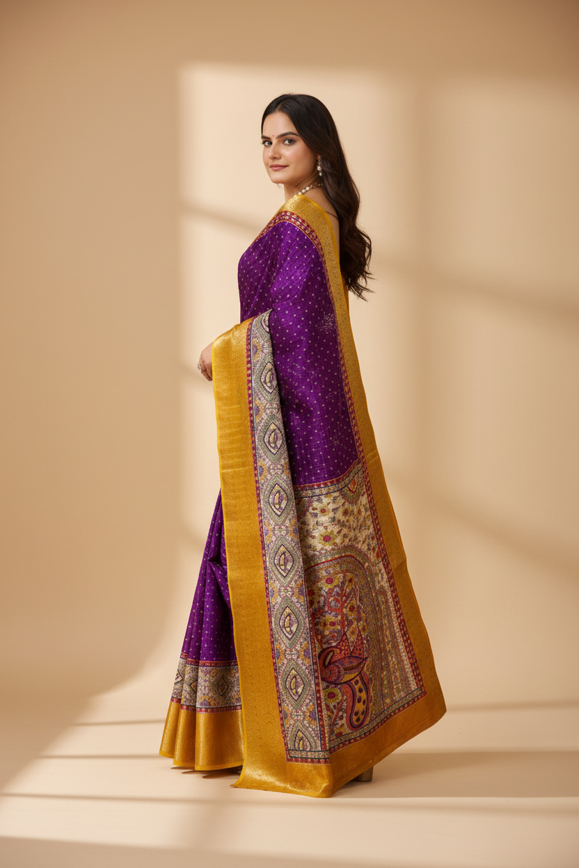 Snuggle Spot Women's Soft Dola Cotton Kalamkari Printed Saree With Unstitched Blouse 5.5Mtr (Purple)