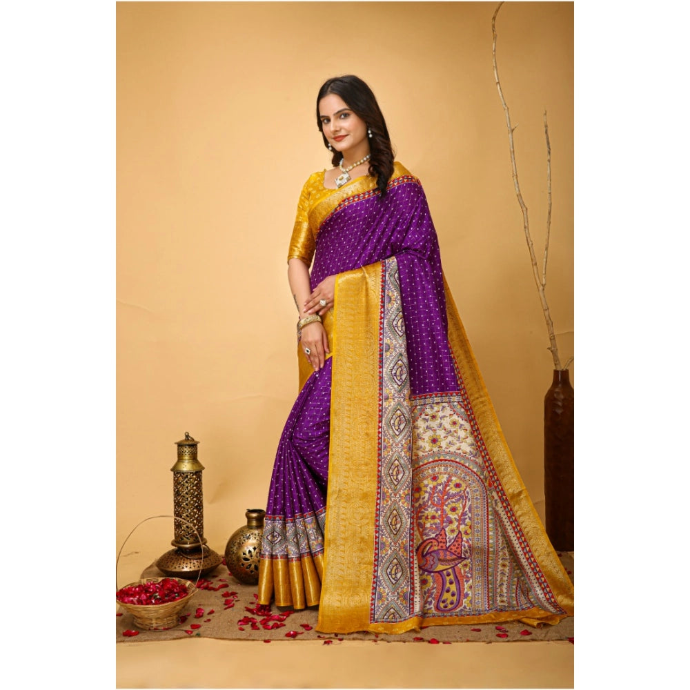 Snuggle Spot Women's Soft Dola Cotton Kalamkari Printed Saree With Unstitched Blouse 5.5Mtr (Purple)