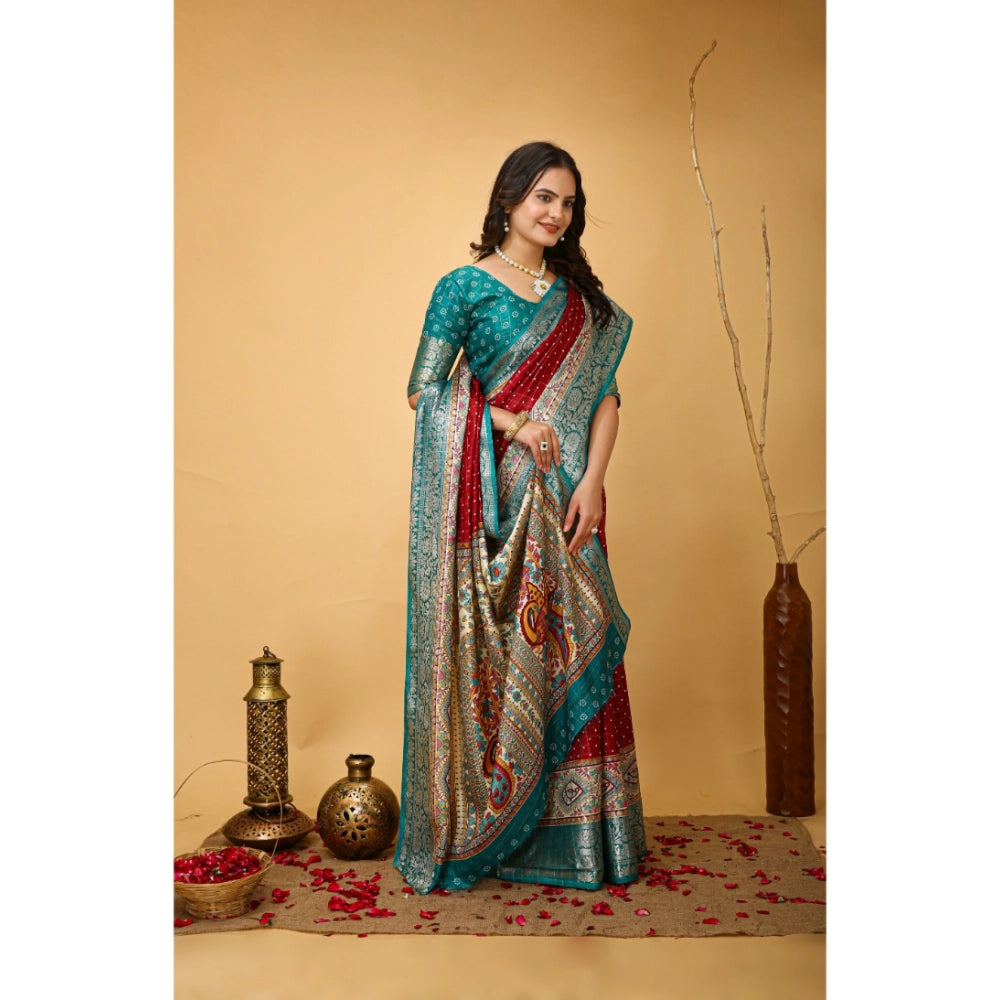 Snuggle Spot Women's Soft Dola Cotton Kalamkari Printed Saree With Unstitched Blouse 5.5Mtr (Red)