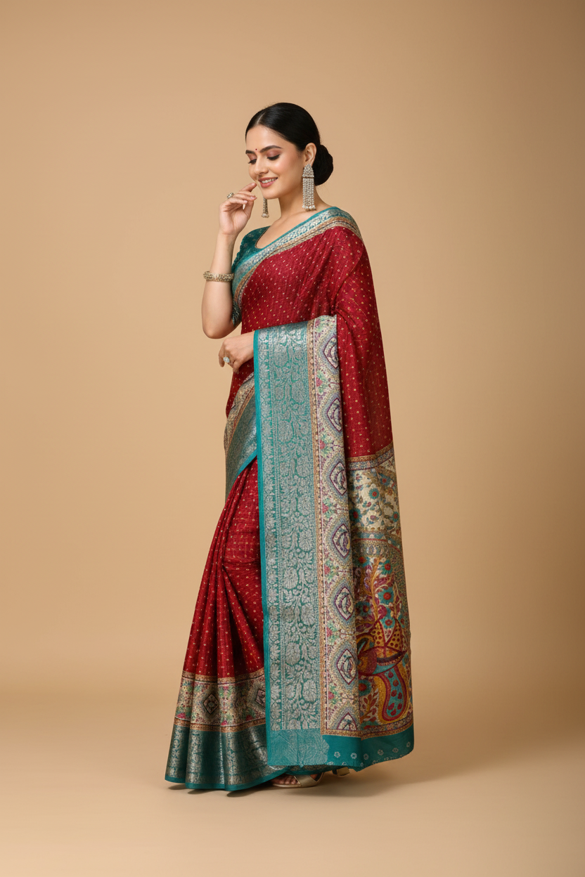 Snuggle Spot Women's Soft Dola Cotton Kalamkari Printed Saree With Unstitched Blouse 5.5Mtr (Red)