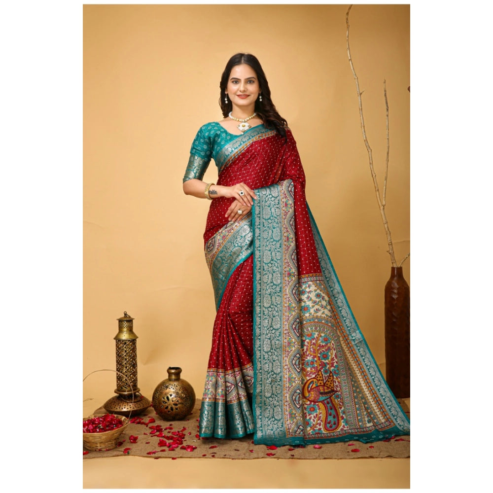 Snuggle Spot Women's Soft Dola Cotton Kalamkari Printed Saree With Unstitched Blouse 5.5Mtr (Red)