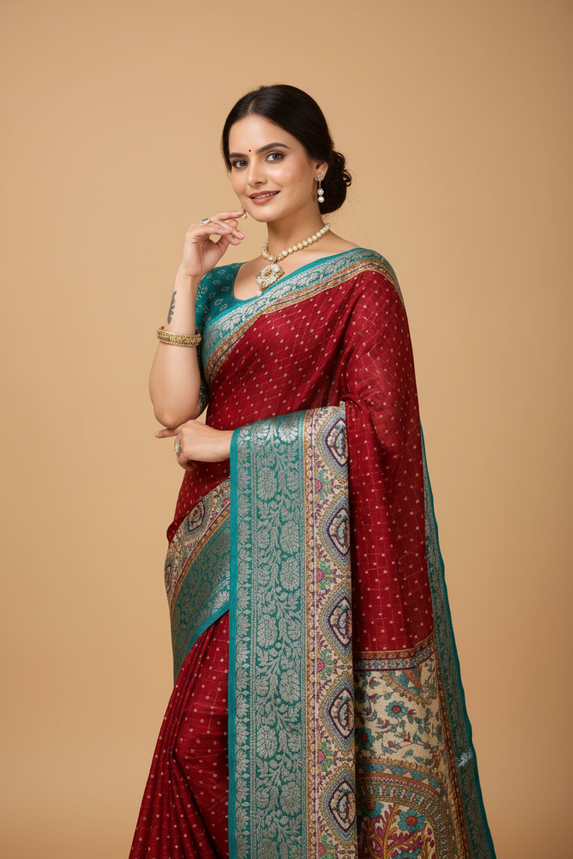 Snuggle Spot Women's Soft Dola Cotton Kalamkari Printed Saree With Unstitched Blouse 5.5Mtr (Red)