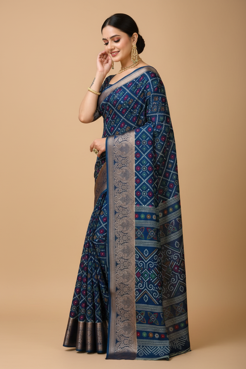 Snuggle Spot Women's Soft Dola Cotton Kalamkari Printed Saree With Unstitched Blouse 5.5Mtr (Blue)