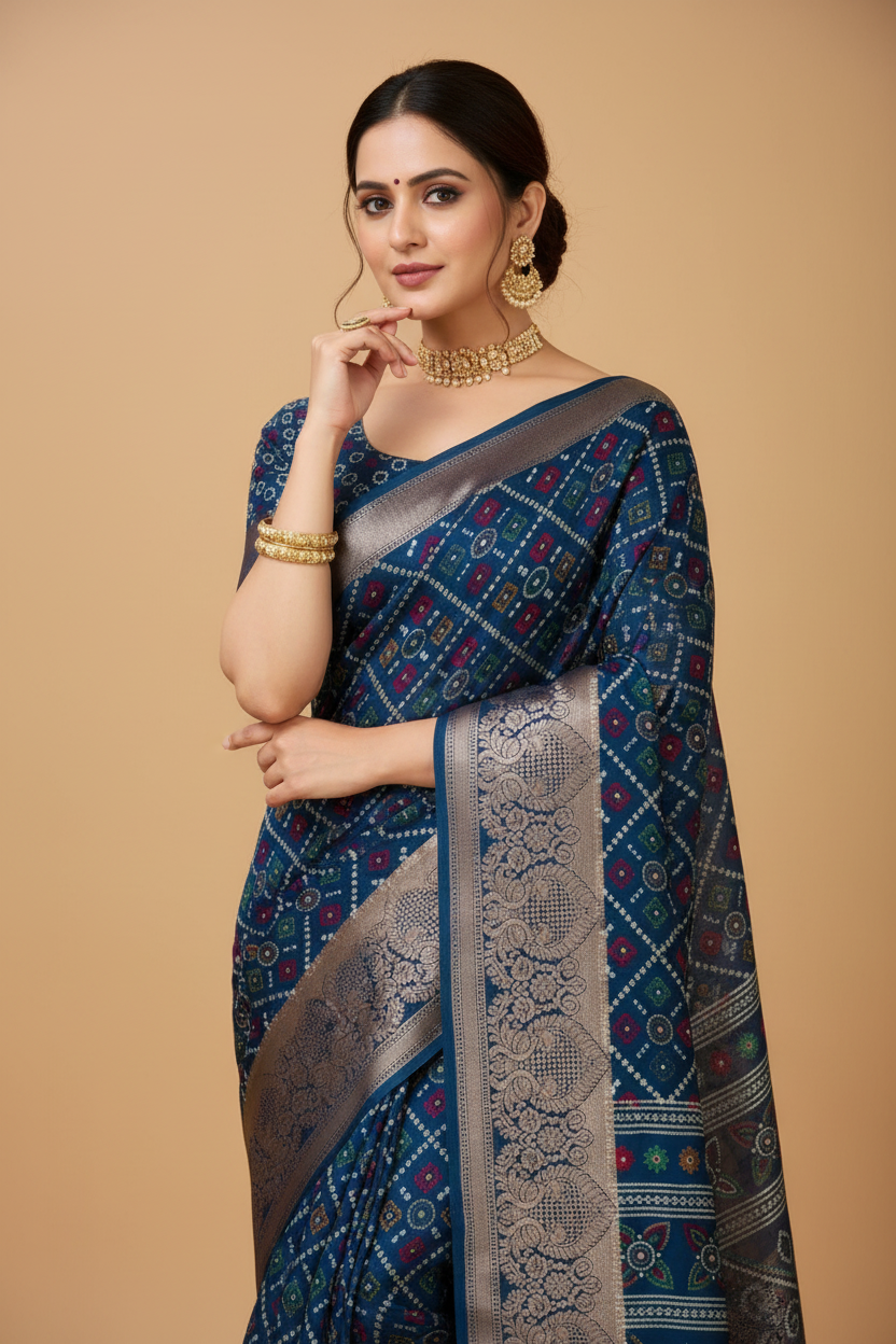 Snuggle Spot Women's Soft Dola Cotton Kalamkari Printed Saree With Unstitched Blouse 5.5Mtr (Blue)