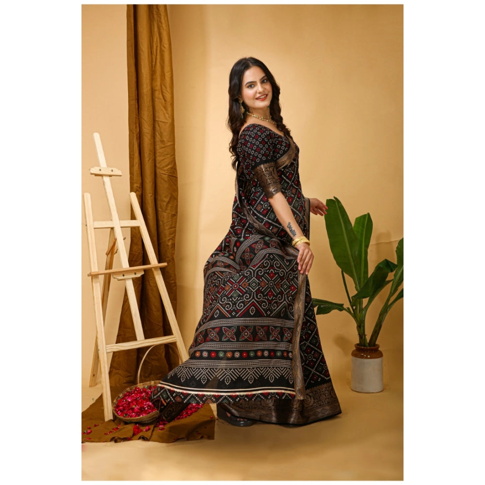 Snuggle Spot Women's Soft Dola Cotton Kalamkari Printed Saree With Unstitched Blouse 5.5Mtr (Black)