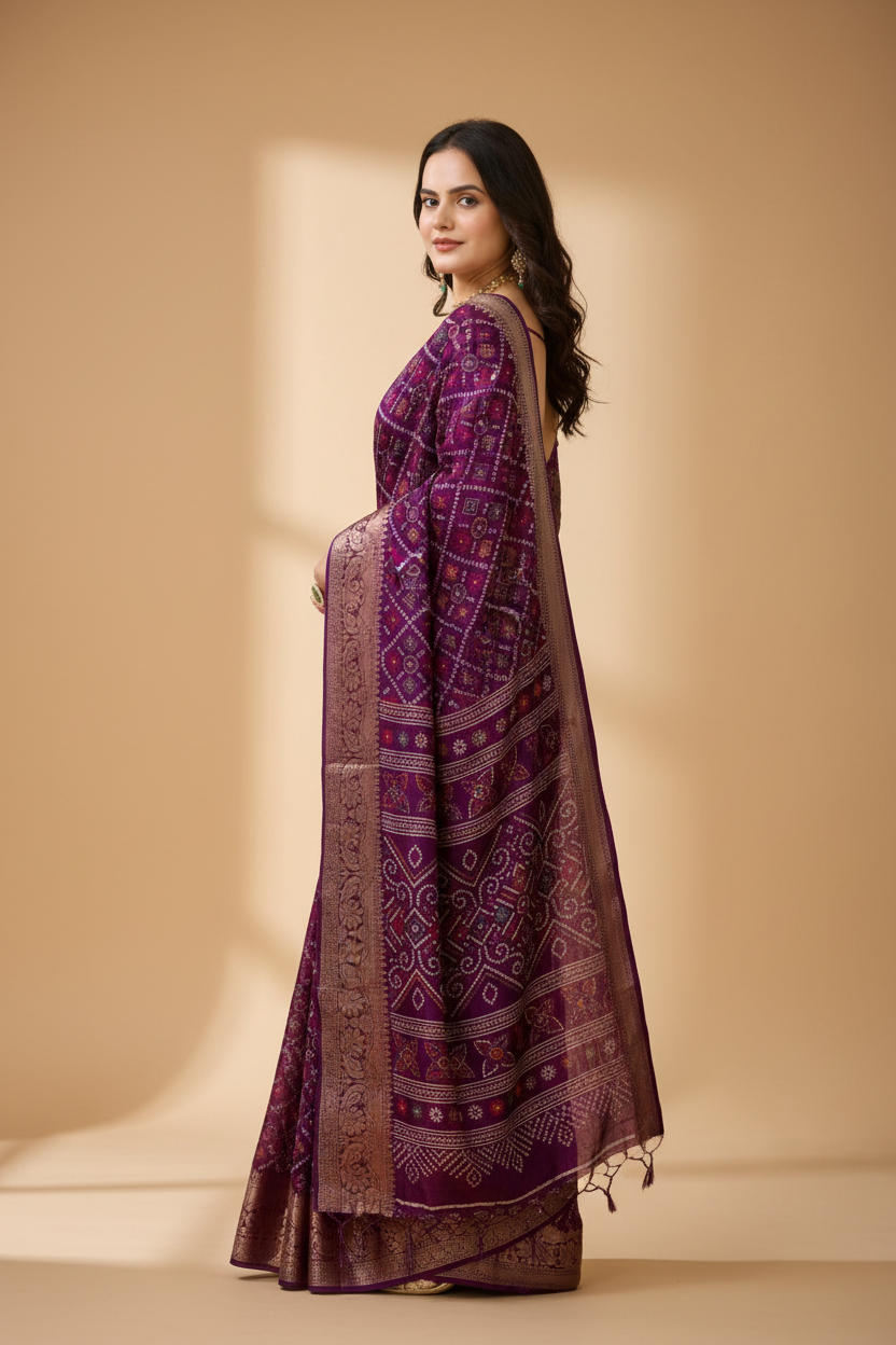 Snuggle Spot Women's Soft Dola Cotton Kalamkari Printed Saree With Unstitched Blouse 5.5Mtr (Purple)