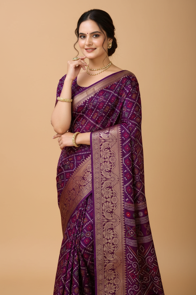 Snuggle Spot Women's Soft Dola Cotton Kalamkari Printed Saree With Unstitched Blouse 5.5Mtr (Purple)