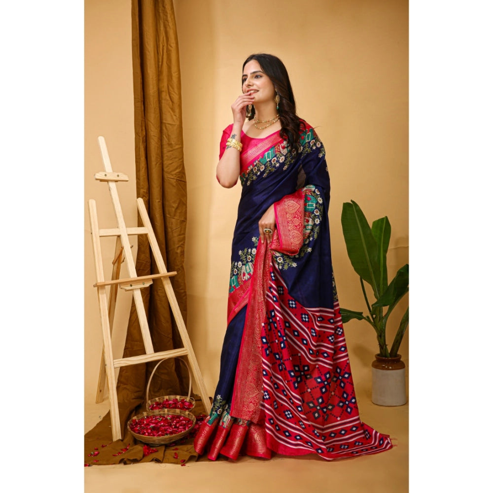 Snuggle Spot Women's Soft Dola Cotton Kalamkari Printed Saree With Unstitched Blouse 5.5Mtr (Navy Blue)
