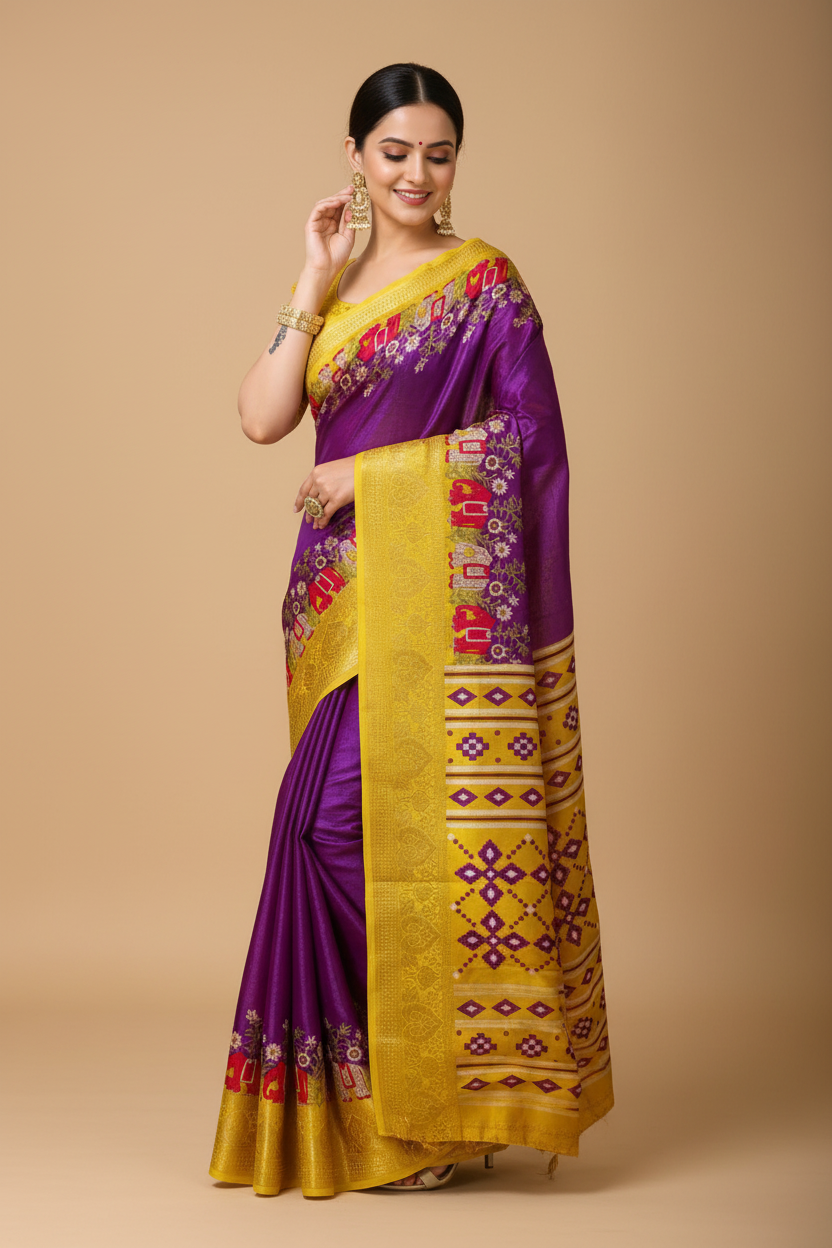 Snuggle Spot Women's Soft Dola Cotton Kalamkari Printed Saree With Unstitched Blouse 5.5Mtr (Purple)