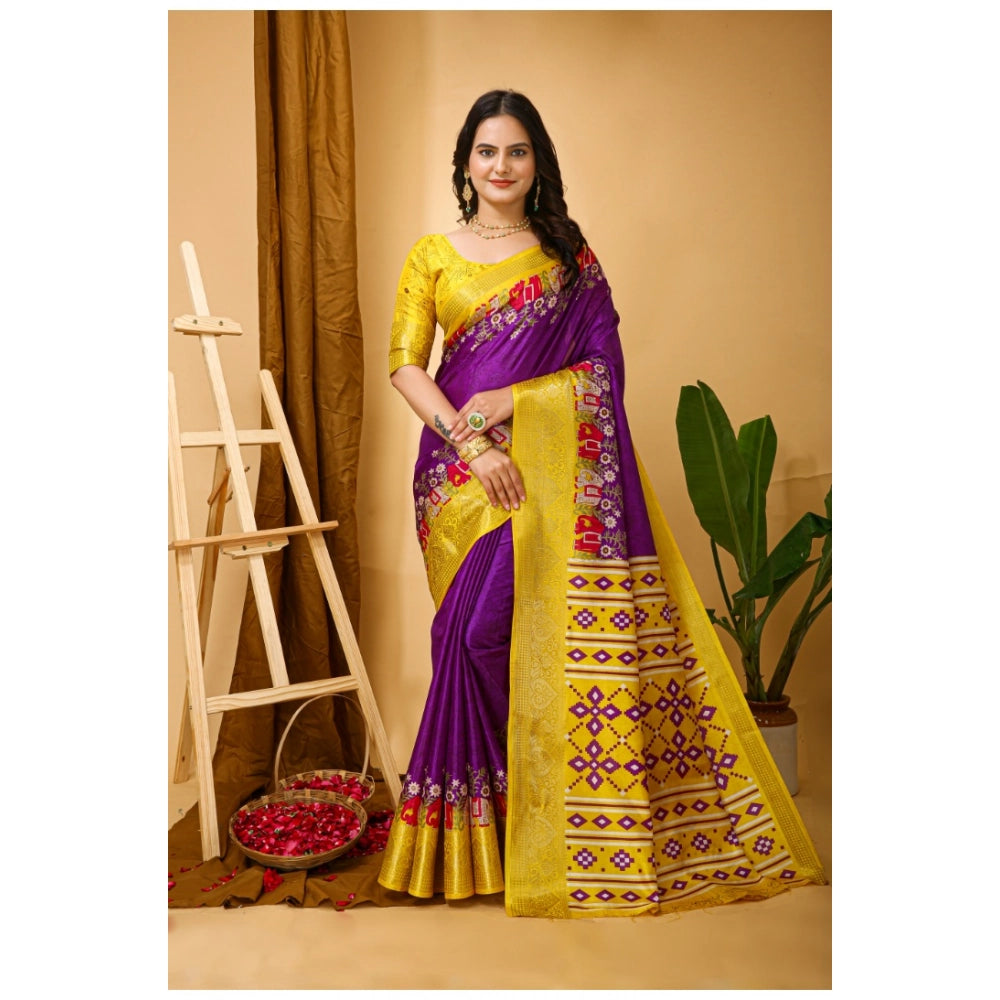 Snuggle Spot Women's Soft Dola Cotton Kalamkari Printed Saree With Unstitched Blouse 5.5Mtr (Purple)