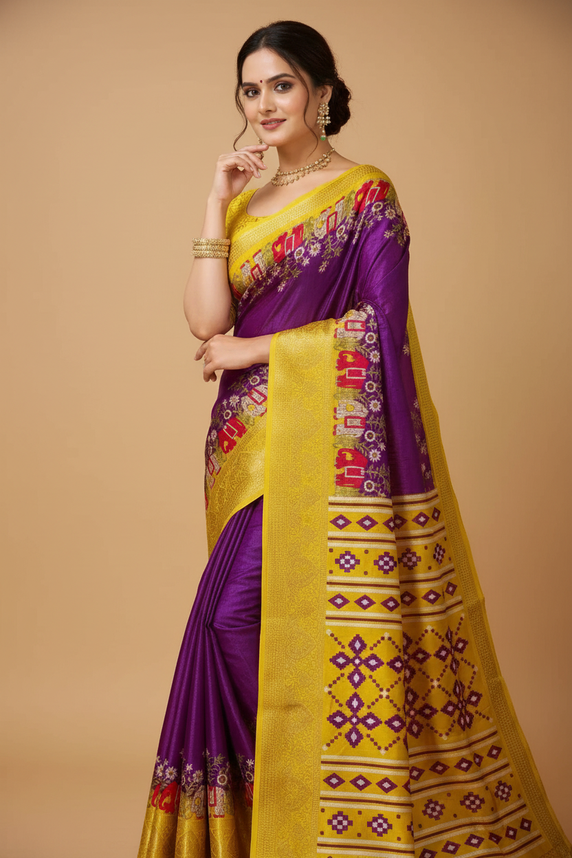 Snuggle Spot Women's Soft Dola Cotton Kalamkari Printed Saree With Unstitched Blouse 5.5Mtr (Purple)