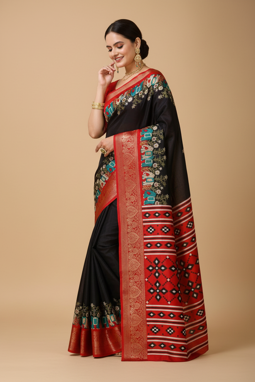 Snuggle Spot Women's Soft Dola Cotton Kalamkari Printed Saree With Unstitched Blouse 5.5Mtr (Black)