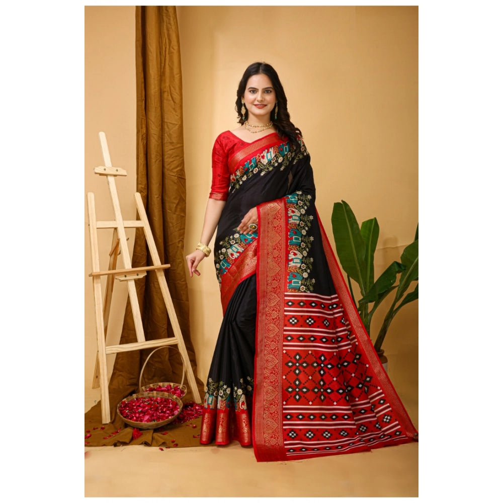 Snuggle Spot Women's Soft Dola Cotton Kalamkari Printed Saree With Unstitched Blouse 5.5Mtr (Black)