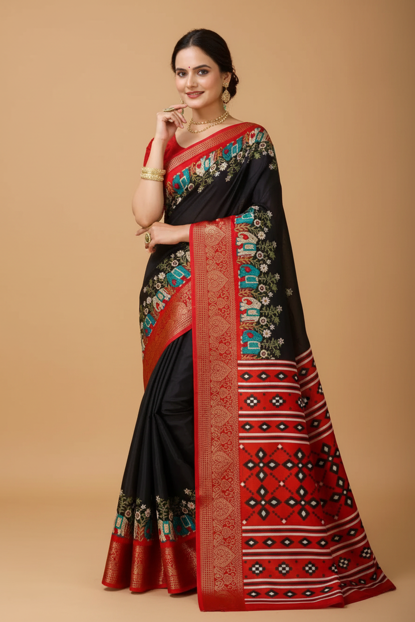 Snuggle Spot Women's Soft Dola Cotton Kalamkari Printed Saree With Unstitched Blouse 5.5Mtr (Black)