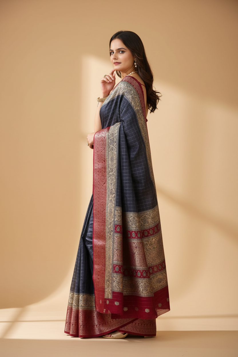 Snuggle Spot Women's Soft Dola Cotton Kalamkari Printed Saree With Unstitched Blouse 5.5Mtr (Grey)