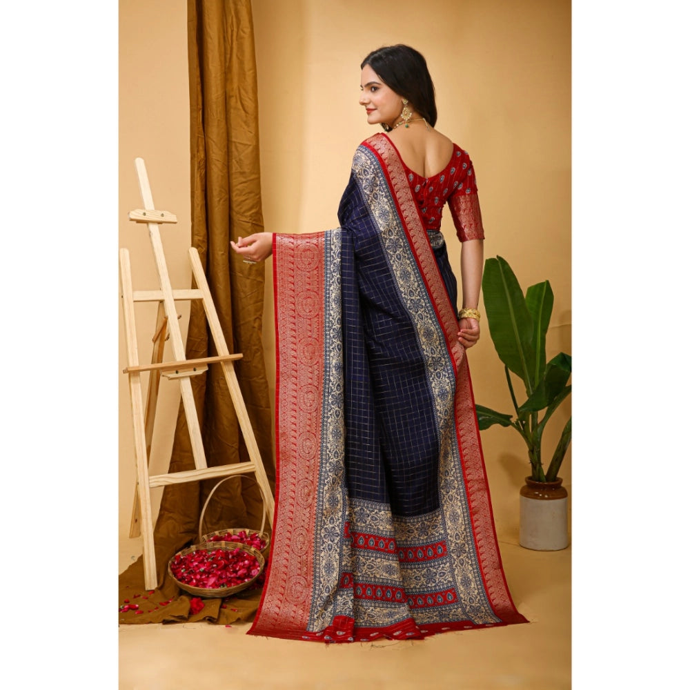 Snuggle Spot Women's Soft Dola Cotton Kalamkari Printed Saree With Unstitched Blouse 5.5Mtr (Navy Blue)