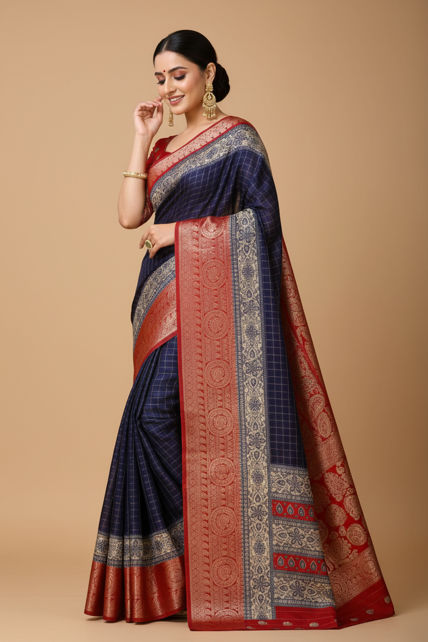 Snuggle Spot Women's Soft Dola Cotton Kalamkari Printed Saree With Unstitched Blouse 5.5Mtr (Navy Blue)