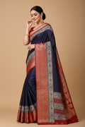 Snuggle Spot Women's Soft Dola Cotton Kalamkari Printed Saree With Unstitched Blouse 5.5Mtr (Navy Blue)