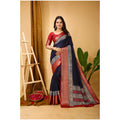 Snuggle Spot Women's Soft Dola Cotton Kalamkari Printed Saree With Unstitched Blouse 5.5Mtr (Navy Blue)