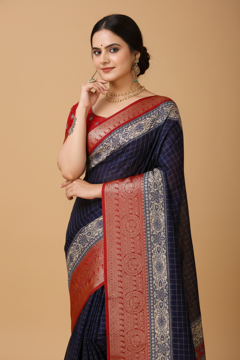 Snuggle Spot Women's Soft Dola Cotton Kalamkari Printed Saree With Unstitched Blouse 5.5Mtr (Navy Blue)