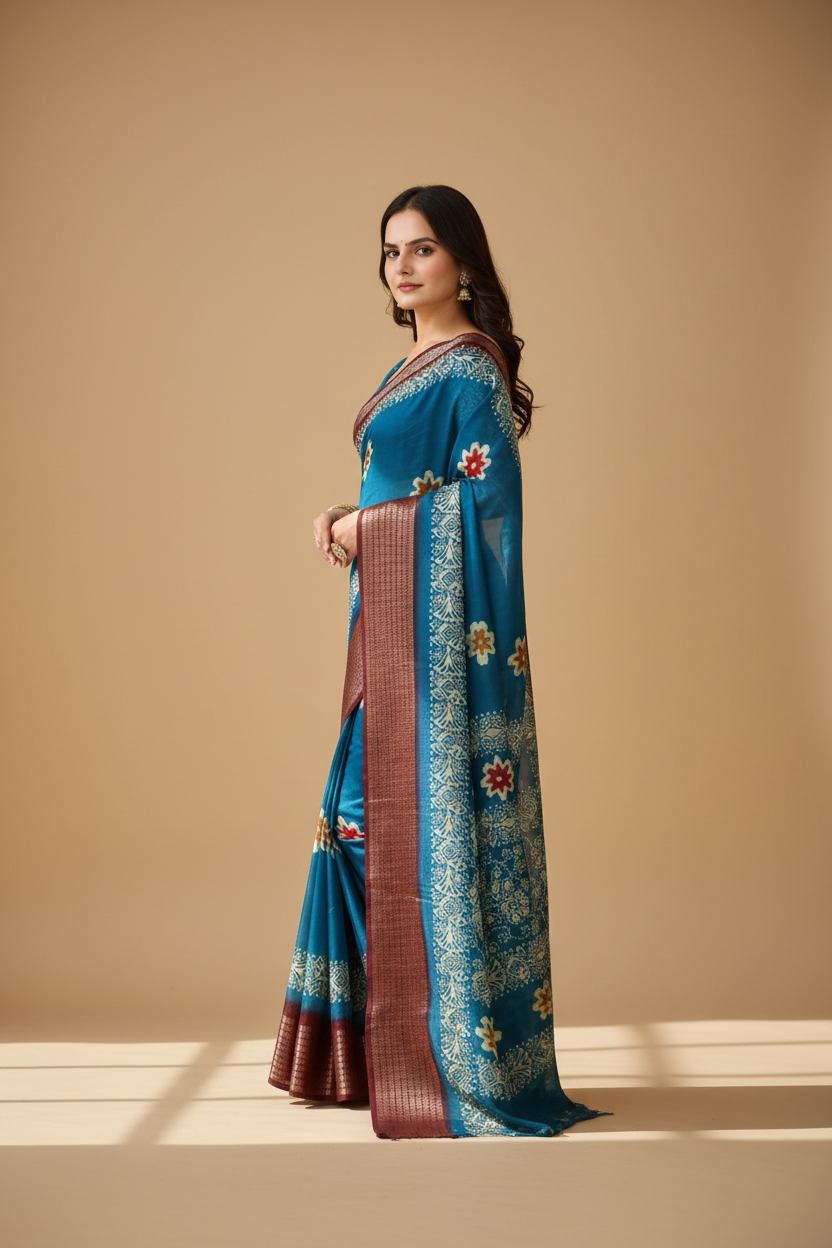 Snuggle Spot Women's Soft Blooming Marshmallow Fabric Kalamkari Printed Saree With Unstitched Blouse 5.5Mtr (Blue)