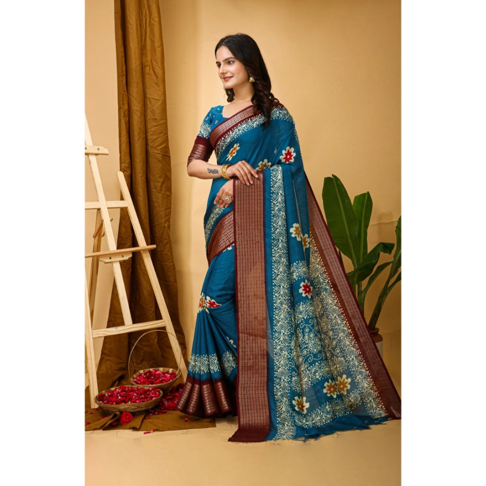 Snuggle Spot Women's Soft Blooming Marshmallow Fabric Kalamkari Printed Saree With Unstitched Blouse 5.5Mtr (Blue)