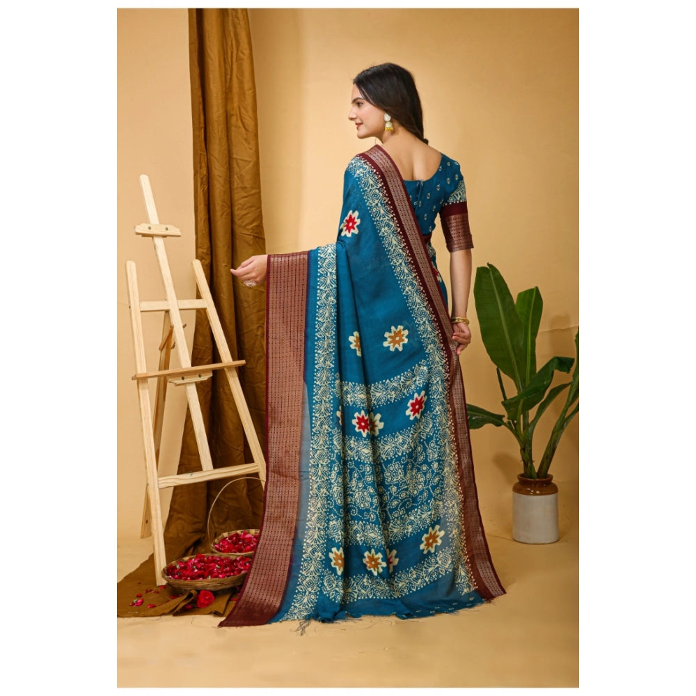 Snuggle Spot Women's Soft Blooming Marshmallow Fabric Kalamkari Printed Saree With Unstitched Blouse 5.5Mtr (Blue)