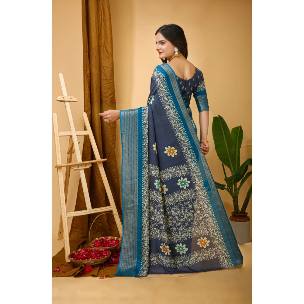 Snuggle Spot Women's Soft Blooming Marshmallow Fabric Kalamkari Printed Saree With Unstitched Blouse 5.5Mtr (Grey)