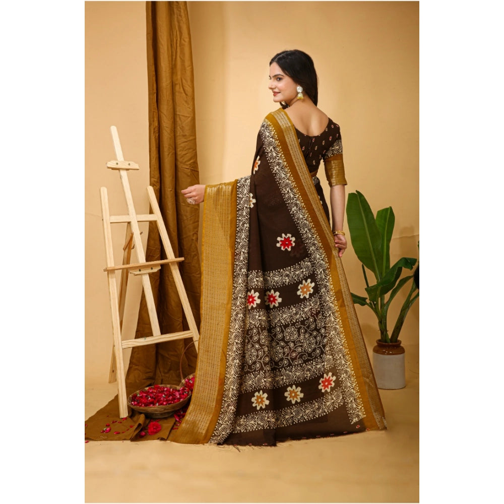 Snuggle Spot Women's Soft Blooming Marshmallow Fabric Kalamkari Printed Saree With Unstitched Blouse 5.5Mtr (Brown)