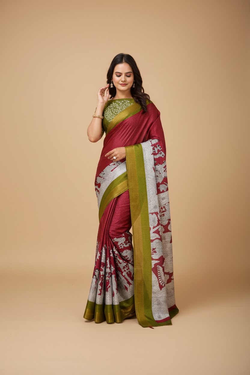 Snuggle Spot Women's Soft Handloom Cotton Kalamkari Printed Saree With Unstitched Blouse 5.5Mtr (Maroon)