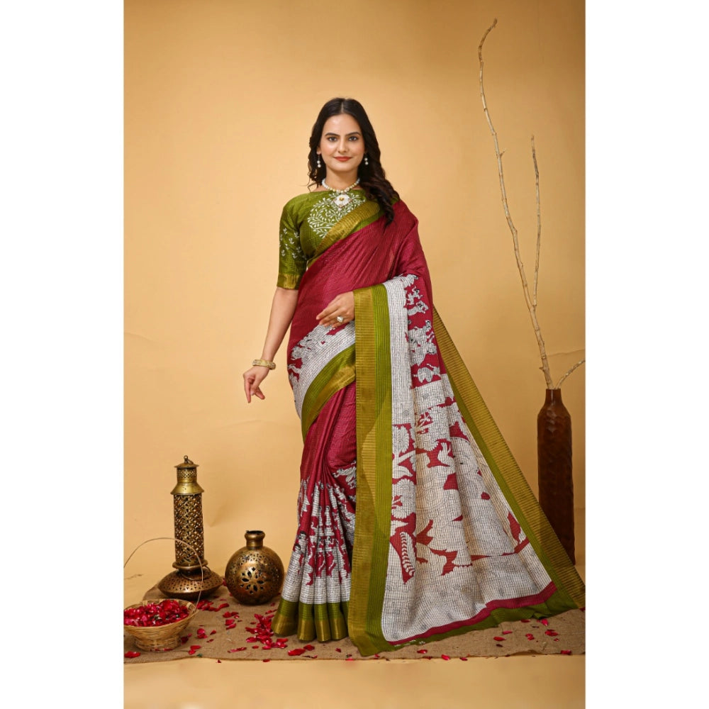 Snuggle Spot Women's Soft Handloom Cotton Kalamkari Printed Saree With Unstitched Blouse 5.5Mtr (Maroon)