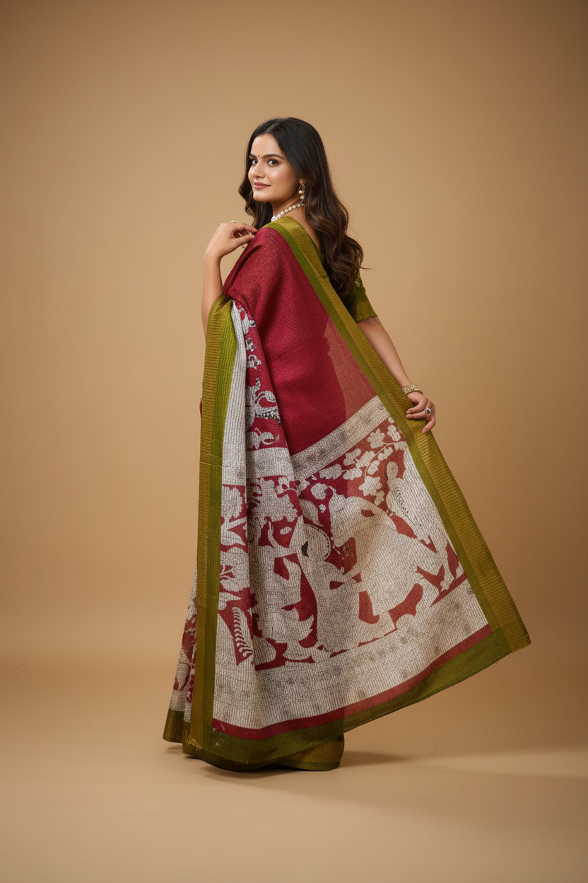 Snuggle Spot Women's Soft Handloom Cotton Kalamkari Printed Saree With Unstitched Blouse 5.5Mtr (Maroon)
