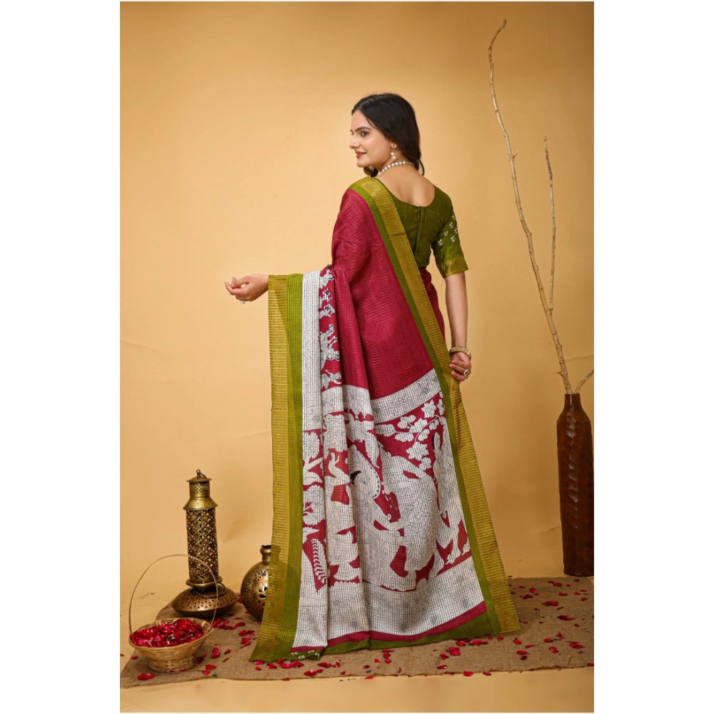Snuggle Spot Women's Soft Handloom Cotton Kalamkari Printed Saree With Unstitched Blouse 5.5Mtr (Maroon)