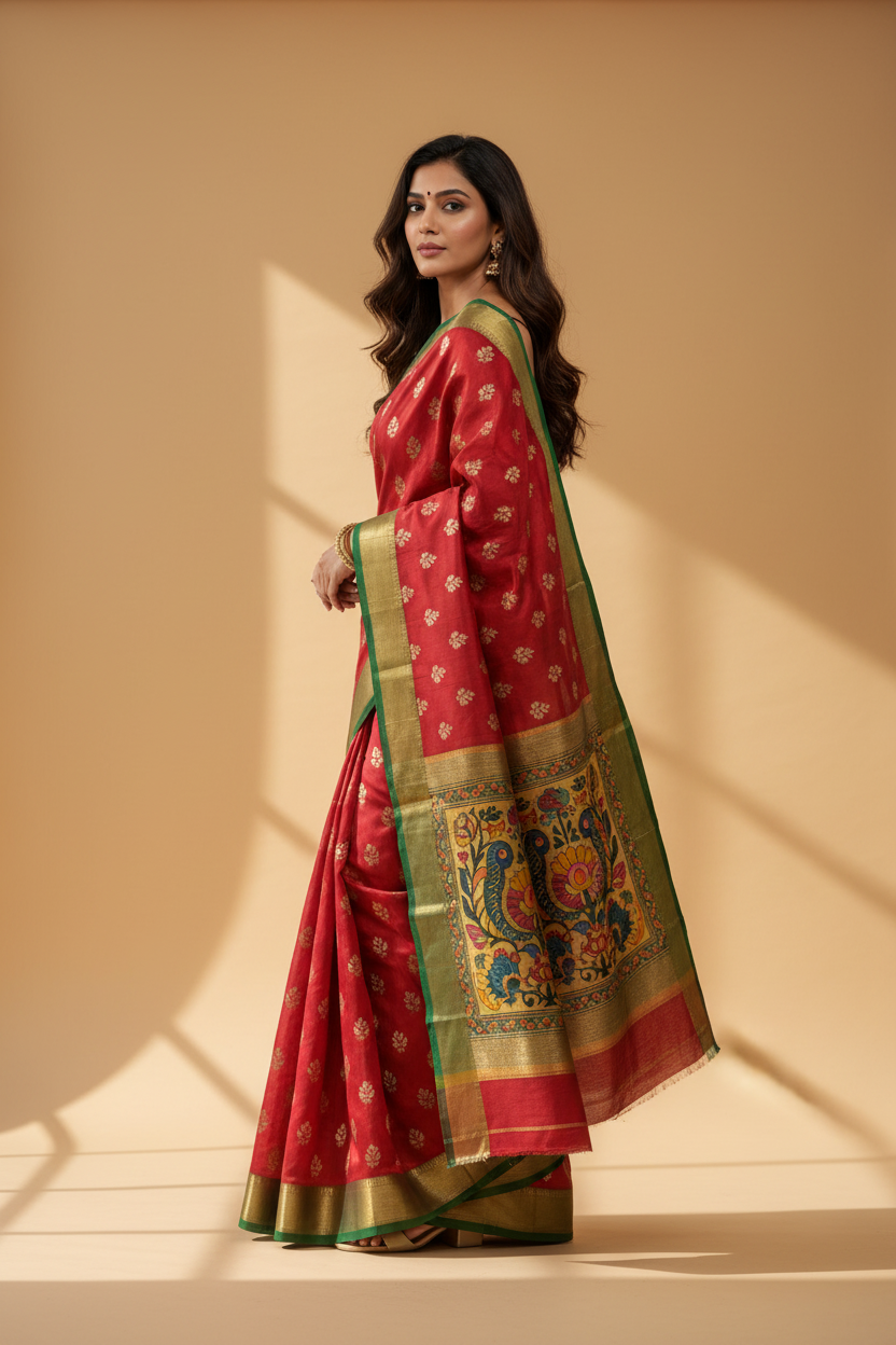 Snuggle Spot Women's Soft Dola Cotton Kalamkari Printed Saree With Unstitched Blouse 5.5Mtr (Red)