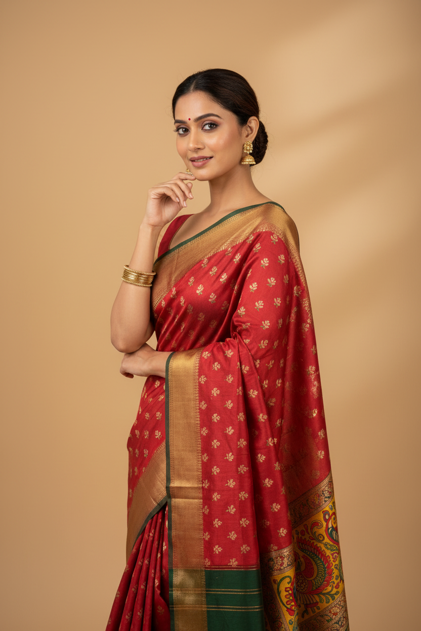 Snuggle Spot Women's Soft Dola Cotton Kalamkari Printed Saree With Unstitched Blouse 5.5Mtr (Red)