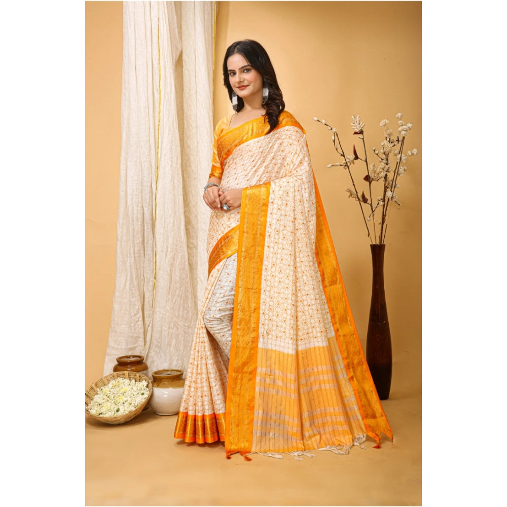 Snuggle Spot Women's Soft Cotton Silk Printed Saree With Unstitched Blouse 5.5Mtr (Yellow)