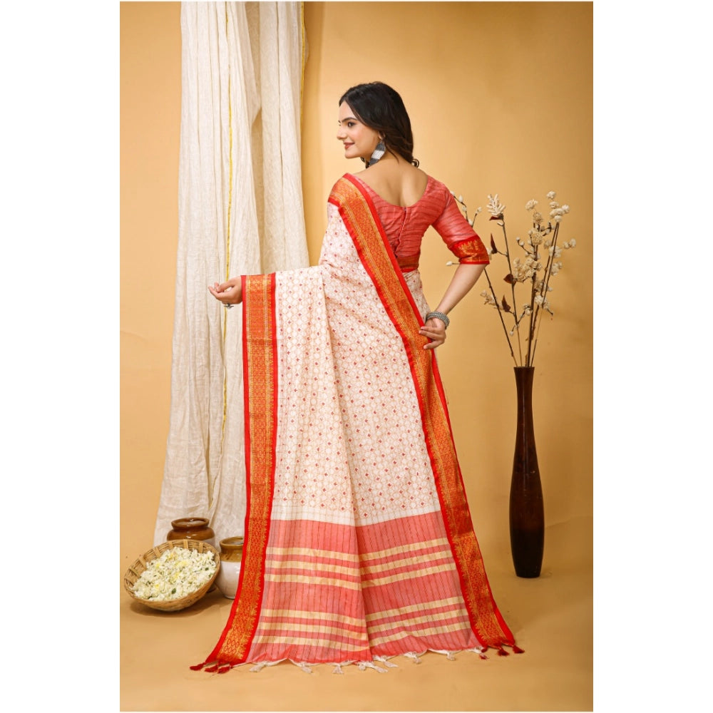 Snuggle Spot Women's Soft Cotton Silk Printed Saree With Unstitched Blouse 5.5Mtr (Red)
