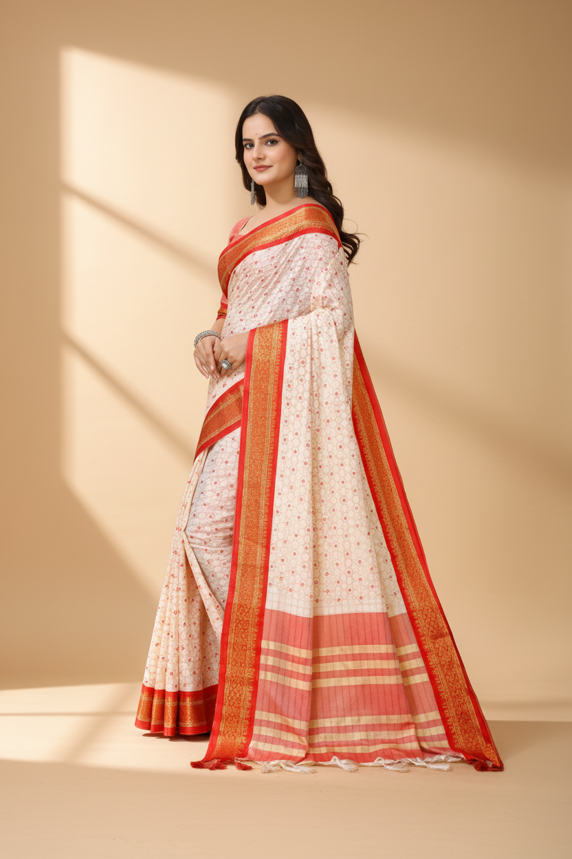 Snuggle Spot Women's Soft Cotton Silk Printed Saree With Unstitched Blouse 5.5Mtr (Red)