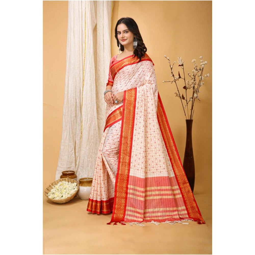 Snuggle Spot Women's Soft Cotton Silk Printed Saree With Unstitched Blouse 5.5Mtr (Red)