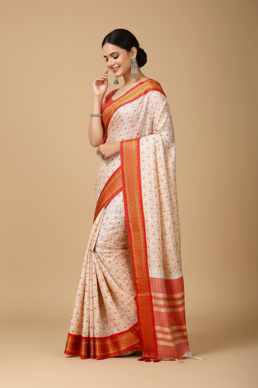 Snuggle Spot Women's Soft Cotton Silk Printed Saree With Unstitched Blouse 5.5Mtr (Red)
