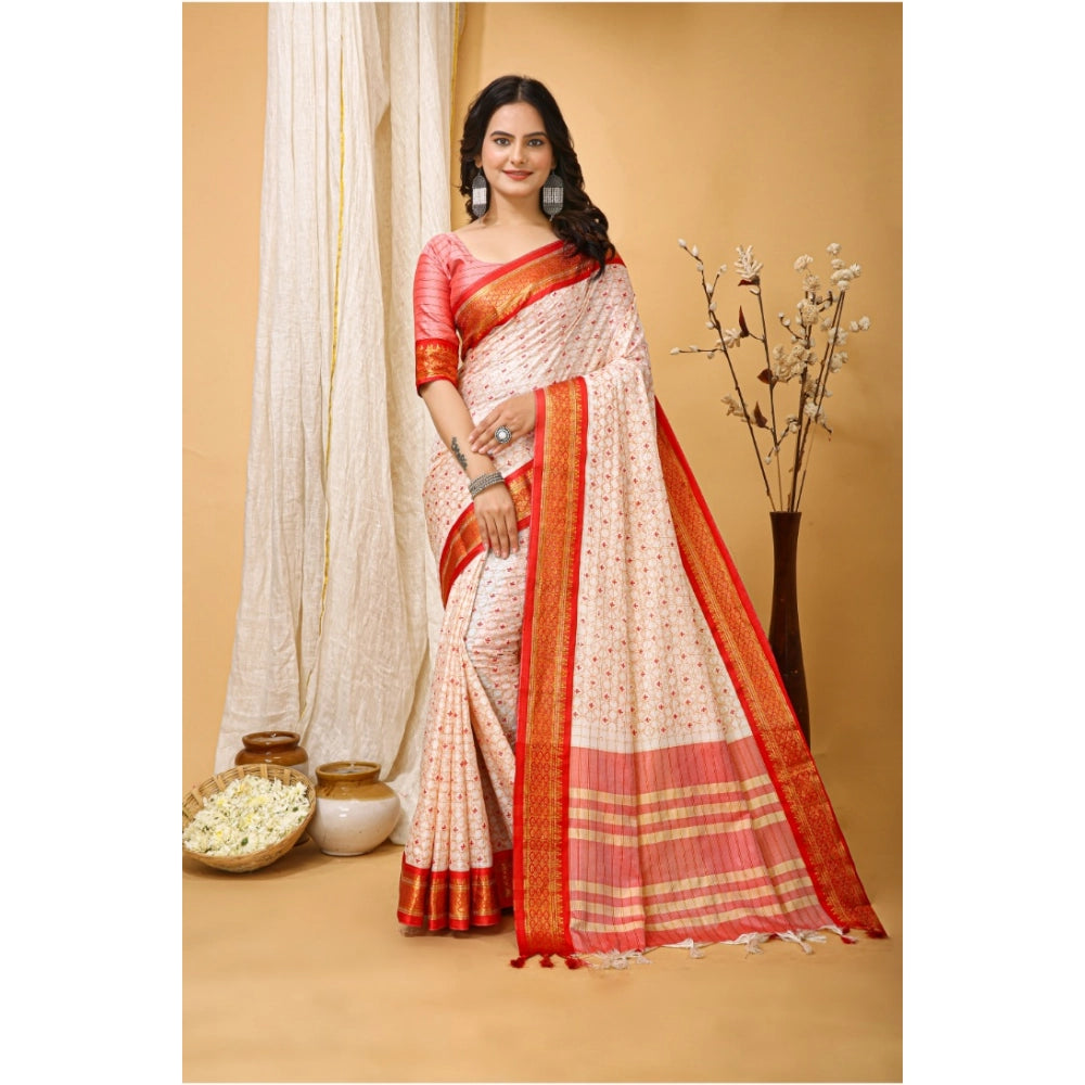 Snuggle Spot Women's Soft Cotton Silk Printed Saree With Unstitched Blouse 5.5Mtr (Red)