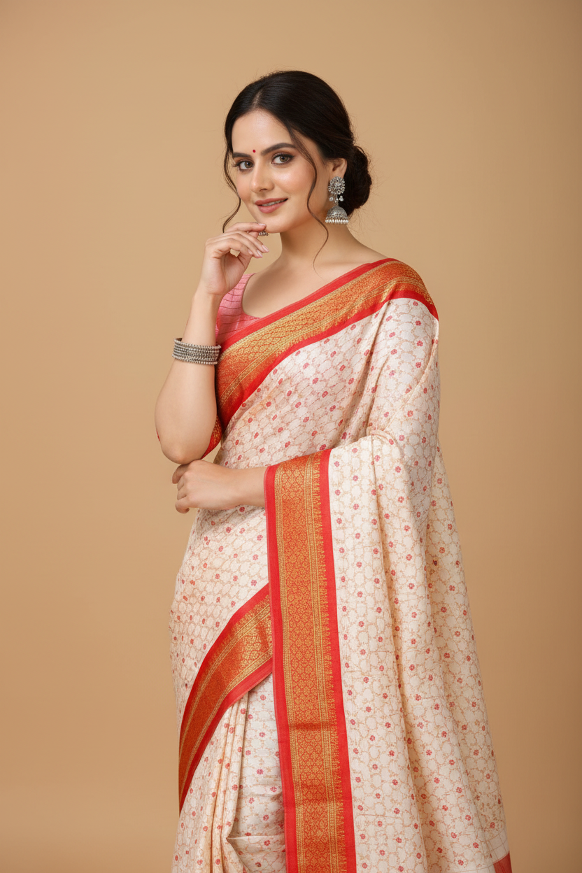 Snuggle Spot Women's Soft Cotton Silk Printed Saree With Unstitched Blouse 5.5Mtr (Red)