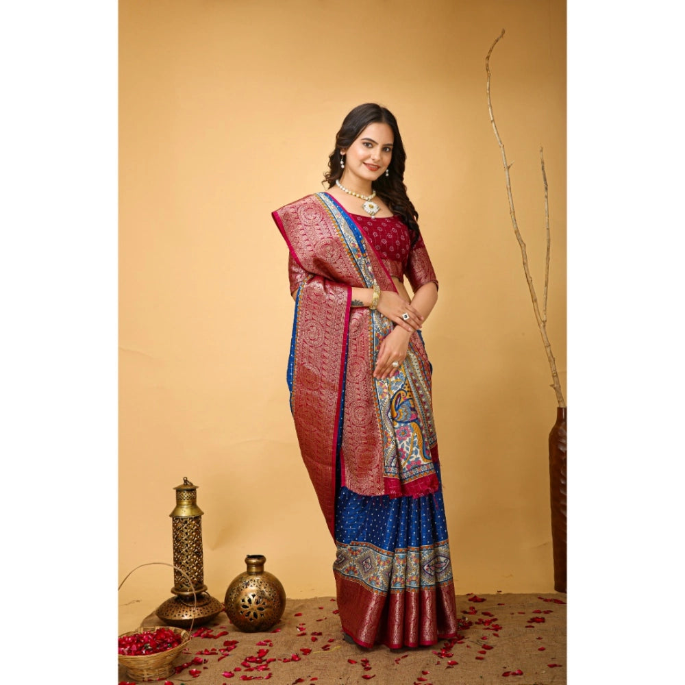 Snuggle Spot Women's Soft Dola Cotton Kalamkari Printed Saree With Unstitched Blouse 5.5Mtr (Blue)