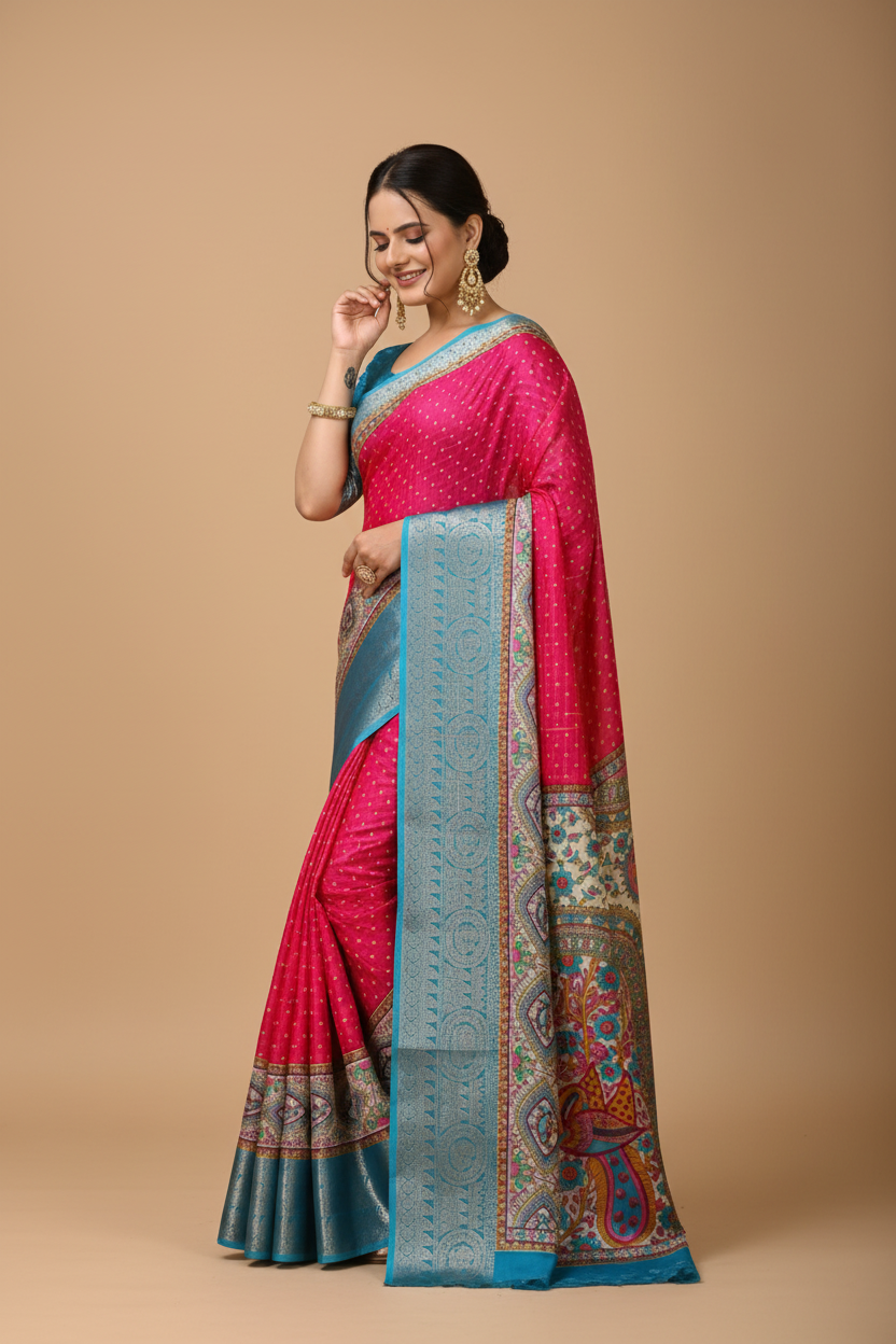 Snuggle Spot Women's Soft Dola Cotton Kalamkari Printed Saree With Unstitched Blouse 5.5Mtr (Pink)