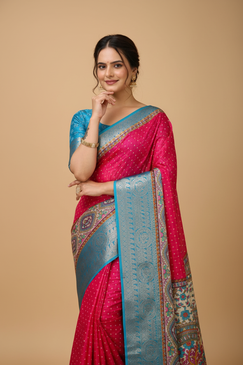 Snuggle Spot Women's Soft Dola Cotton Kalamkari Printed Saree With Unstitched Blouse 5.5Mtr (Pink)