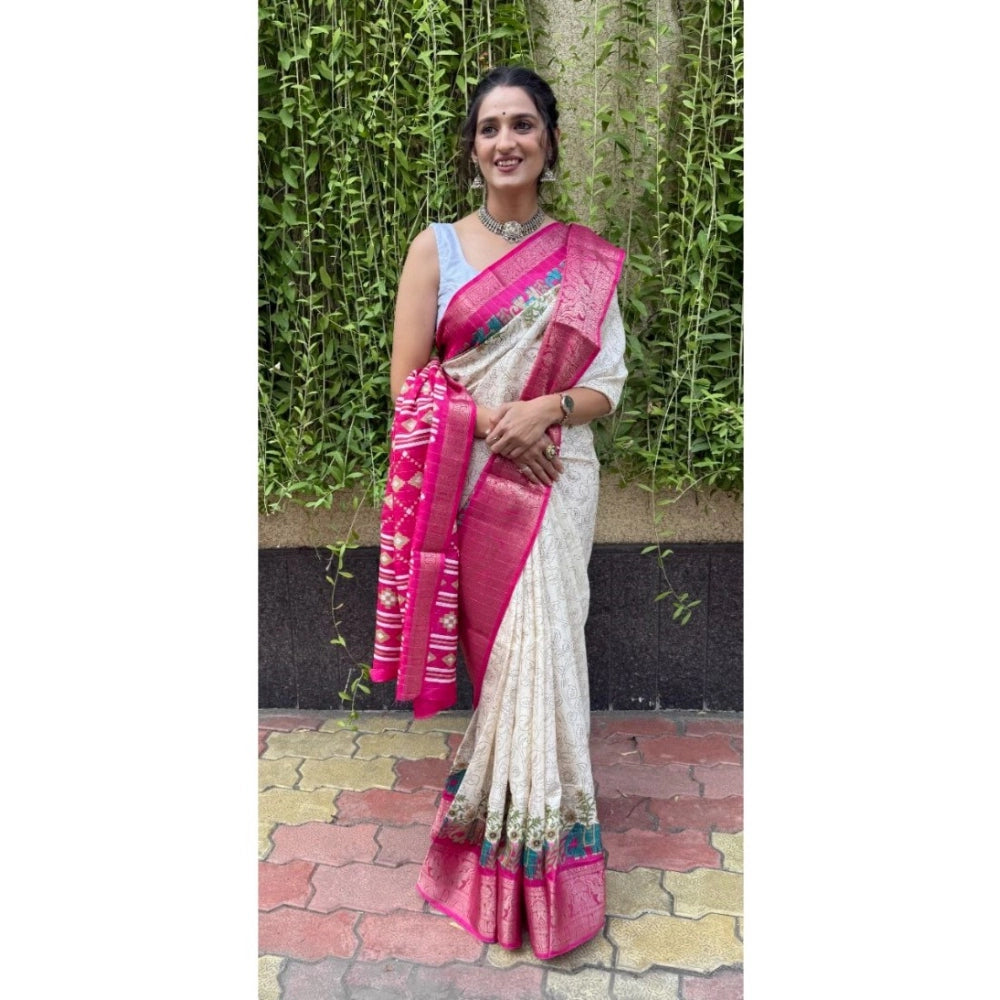Snuggle Spot Women's Soft Dola Cotton Kalamkari Printed Saree With Unstitched Blouse 5.5Mtr (White)