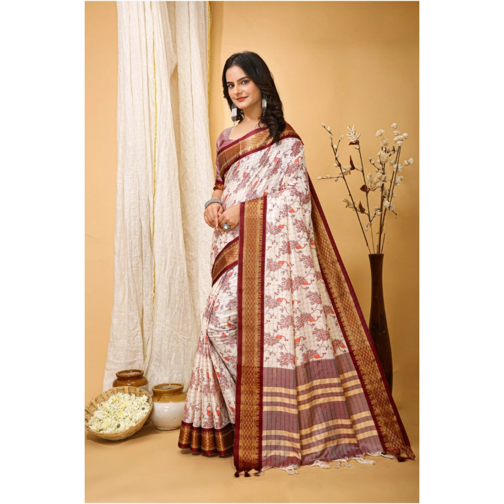 Snuggle Spot Women's Soft Cotton Silk Printed Saree With Unstitched Blouse 5.5Mtr (Maroon)