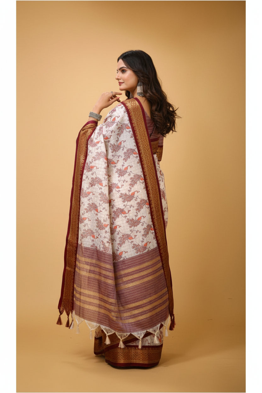 Snuggle Spot Women's Soft Cotton Silk Printed Saree With Unstitched Blouse 5.5Mtr (Maroon)