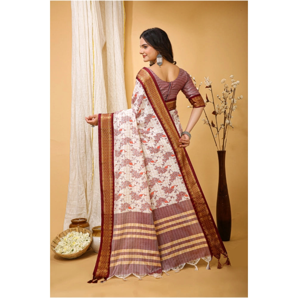 Snuggle Spot Women's Soft Cotton Silk Printed Saree With Unstitched Blouse 5.5Mtr (Maroon)